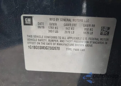 2016 Chevrolet Cruze Premier Auto from USA, damaged, VIN 1G1BG5SM3G7302670